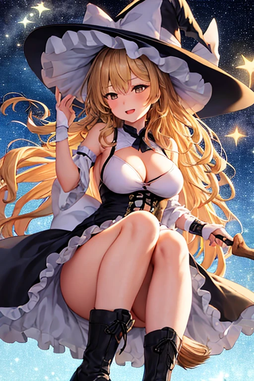 ((best quality)), ((masterpiece)), (detailed), 1girl,、Marisa Kirisame、Flying in the sky on a broom、
