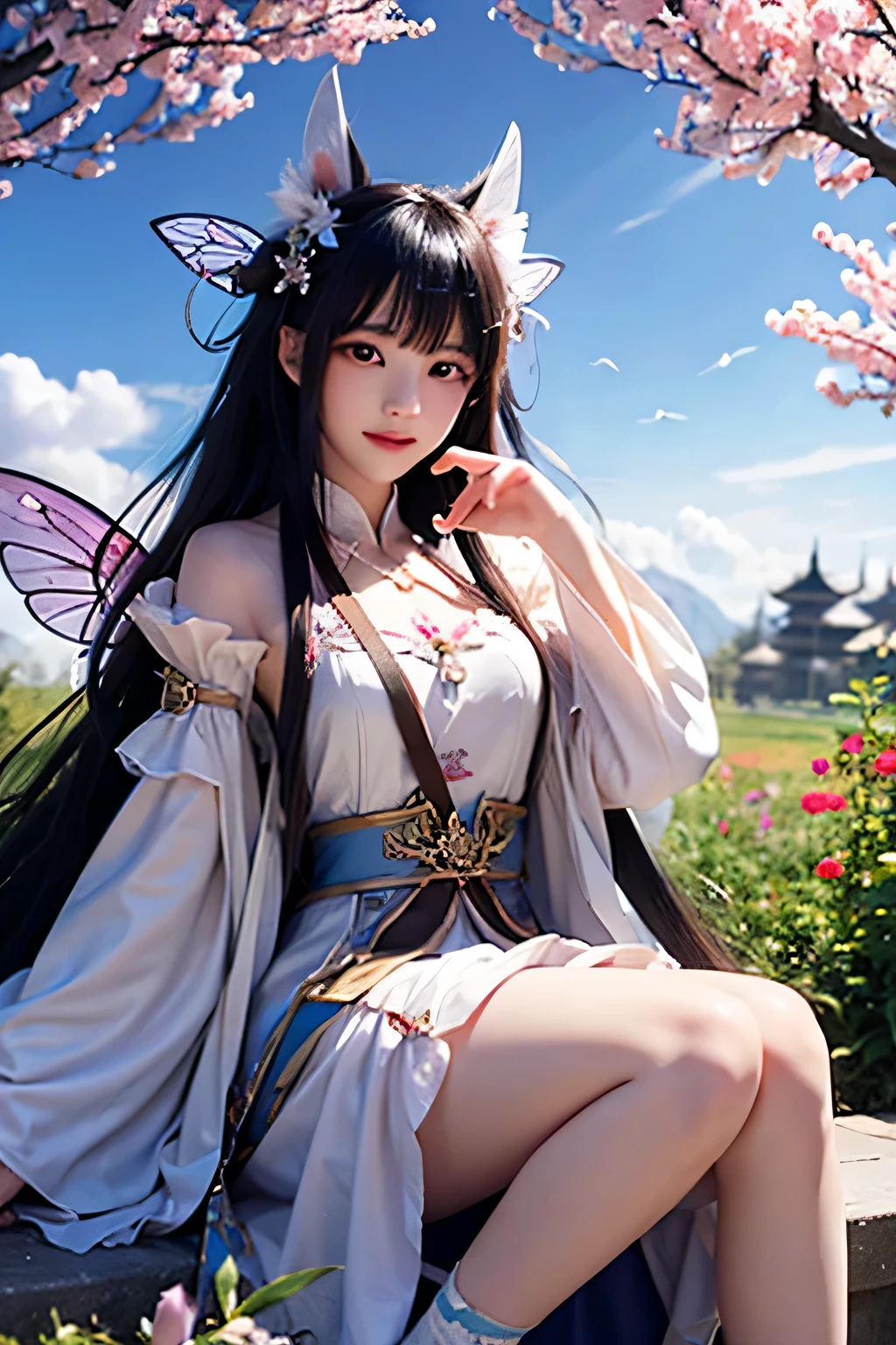 Fairy Chang'e is lying on the bed in Guanghan Palace with her rabbit in her arms.