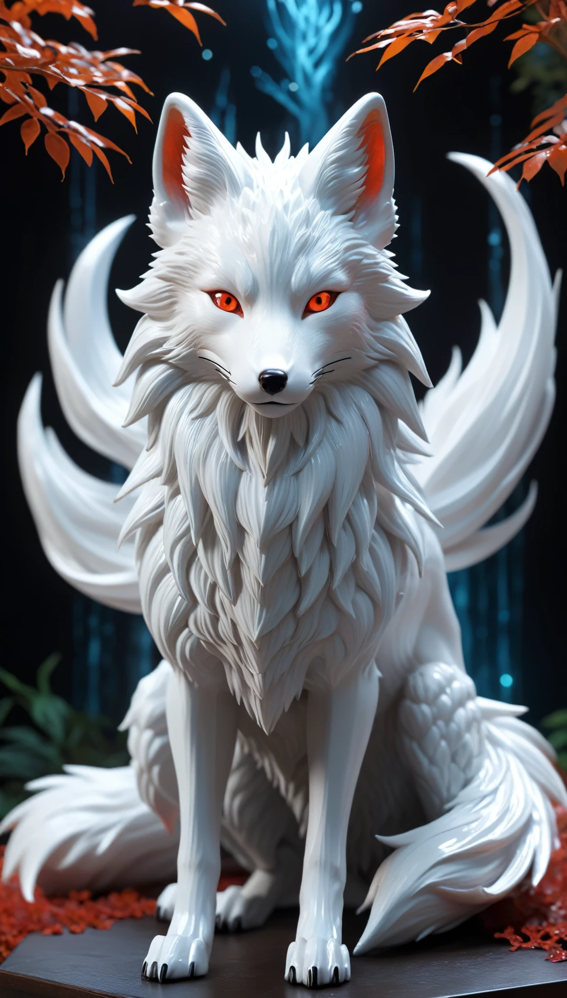A mystical nine-tailed fox with a sleek, elegant body, often depicted in white or red, exuding an aura of enchantment and supernatural power.
high resolution, masterpiece, 8k Octagonal Rendering, Movie, photography, Hyperrealism, Surrealist school of detailing, Ghibli colors, Reality, Soft lighting,