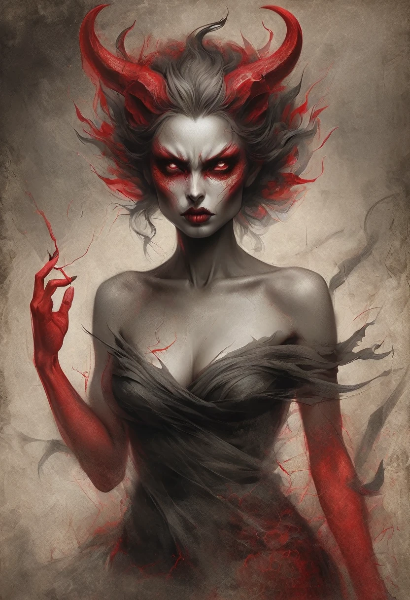 beautiful, masterpiece, Highest quality, Nicola Samori style, Elegant devil woman, Eerily abstract, Changing Textures, grayscale, Photorealism, High resolution, Rage Style, Drawn in black and red charcoal on parchment