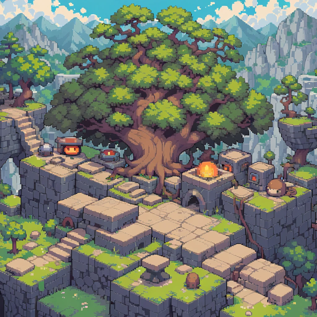 retro video game style,pixelated, vibrant pastel colors,8-bit characters,blocky shapes,sharp lines,detailed shading,classic gaming vibe,nostalgic atmosphere,classic arcade games,masterpiece:1.2,ultra-detailed,illustration style, 2d texture, stone texture, 4 k seamless mud texture, video game texture, dirt texture, tileset, game tiles, grass, 3/4th perspective trees, 3/4th perspective tileable rock texture, 3/4th perspective tileable cliff formations, tileable trees, topdown view, game texture, game art, tileable texture, very detailed cliff texture, intricate stones, top down view, 3/4th perspective