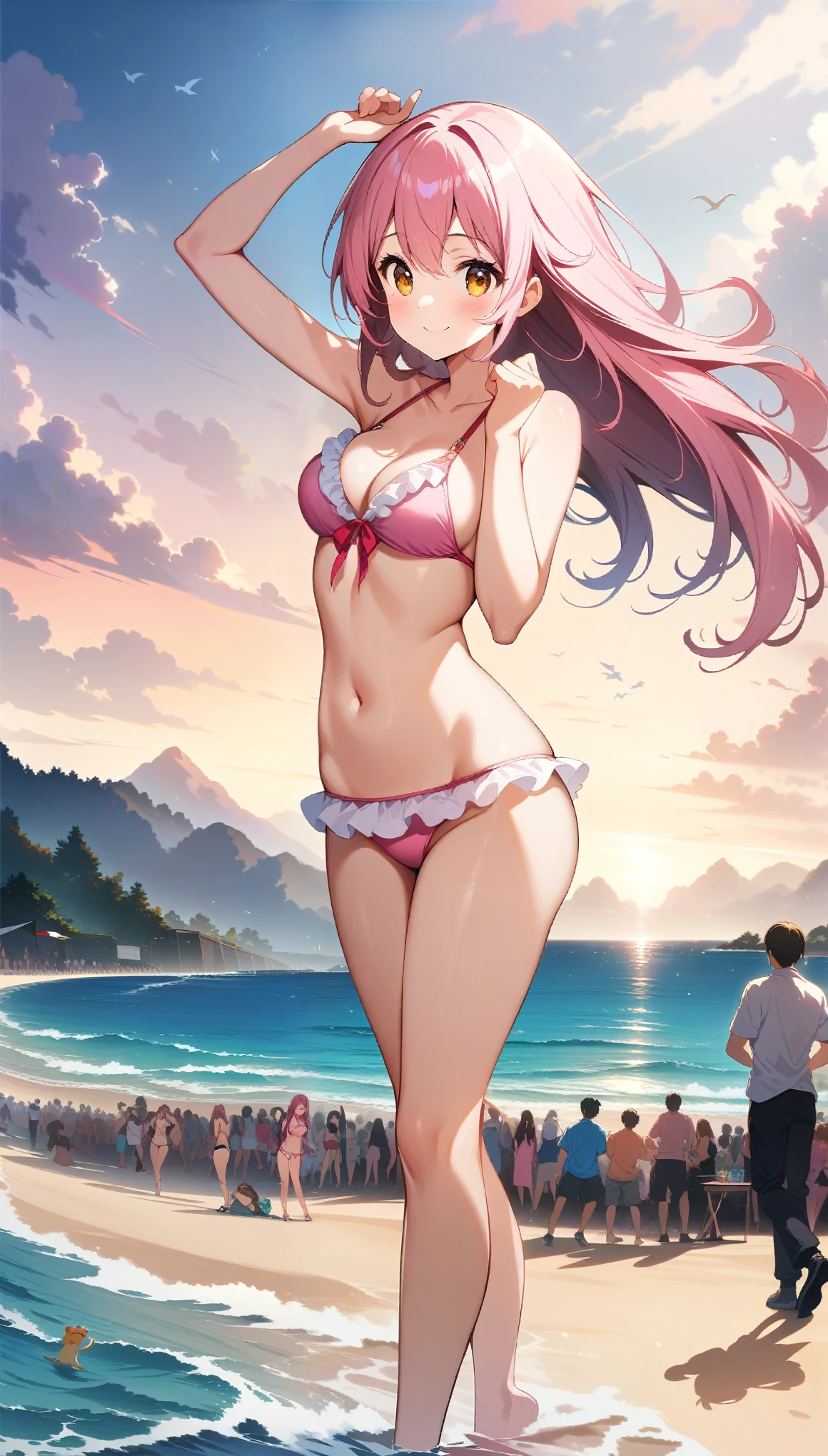 1 girl, long Hair, pink hair, yellow eyes, pink bikini, cute bikini, smile, A beach with lots of people, (((cute pose))), (full body), ((32K)), ((best quality)), ((ultra high res)), ((HDR)), ((uhd)), ((extremely detailed CG)), ((unity 32K wallpaper)), ((perfect anatomy)), ((illustration)), 