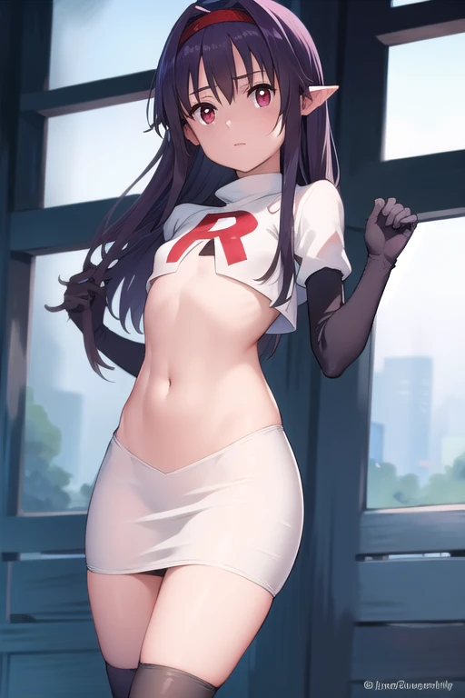 yuukikonno, yuuki konno, hairband, long hair, pointy ears, purple hair, (red eyes:1.5), (small breasts:1.2),
BREAK team rocket,team rocket uniform,white skirt,red letter R,crop top,black thigh-highs,black elbow gloves,
BREAK looking at viewer,
BREAK outdoors, forest, nature,
BREAK (masterpiece:1.2), best quality, high resolution, unity 8k wallpaper, (illustration:0.8), (beautiful detailed eyes:1.6), extremely detailed face, perfect lighting, extremely detailed CG, (perfect hands, perfect anatomy),