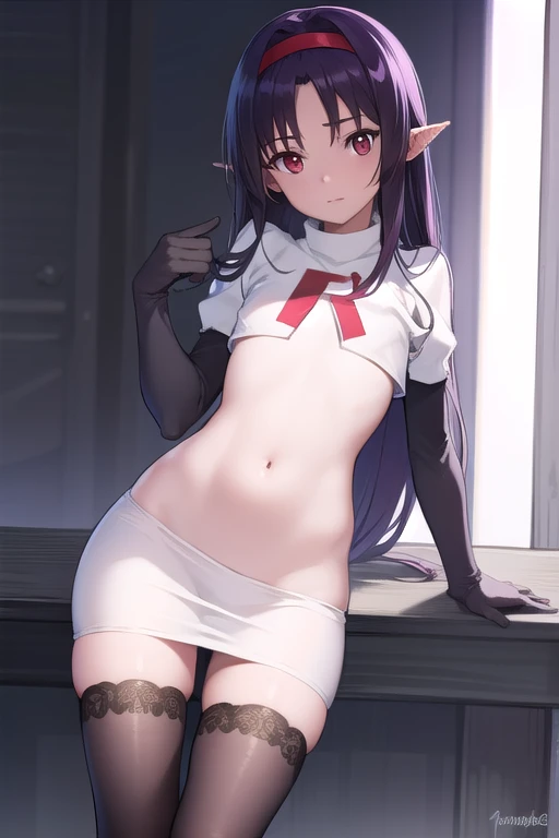 yuukikonno, yuuki konno, hairband, long hair, pointy ears, purple hair, (red eyes:1.5), (small breasts:1.2),
BREAK team rocket,team rocket uniform,white skirt,red letter R,crop top,black thigh-highs,black elbow gloves,
BREAK looking at viewer,
BREAK outdoors, forest, nature,
BREAK (masterpiece:1.2), best quality, high resolution, unity 8k wallpaper, (illustration:0.8), (beautiful detailed eyes:1.6), extremely detailed face, perfect lighting, extremely detailed CG, (perfect hands, perfect anatomy),