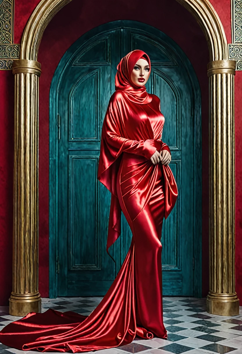a sexy a woman covered in large red satin cloth, tied tightly with the satin cloth, mummified, the satin hanging down very long, a mermaid style dress, wearing a satin hijab, the satin cloth is very long, forming the curve of the body, flowy satin about 4 meter,full body pose, masterpice, 4k resolution, ultra-realistic, highly detail.