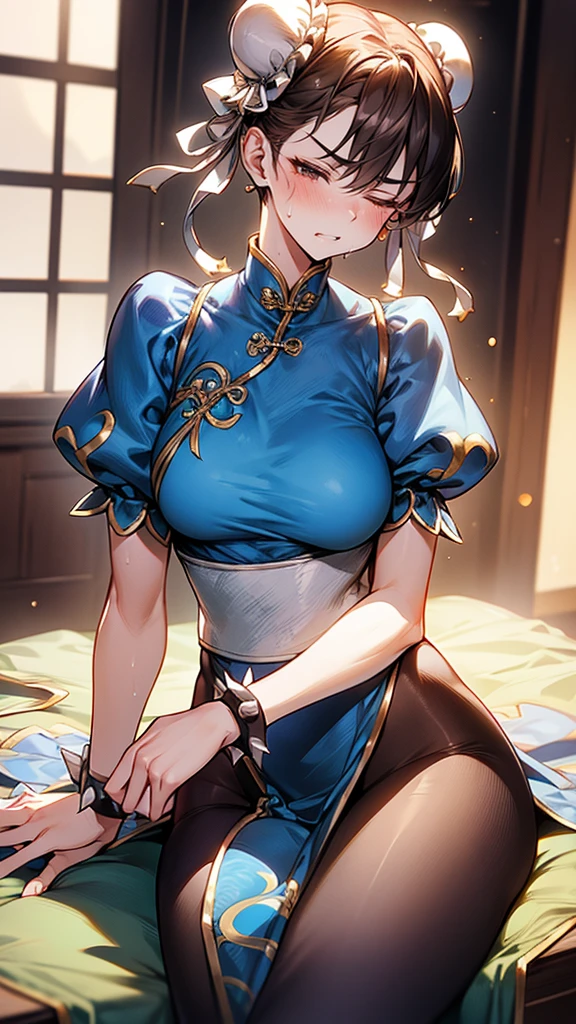 {masterpiece}}, {{{Highest quality}}},{{Very detailed}},sf2 to,Chunli,Sitting in a chair in an office with a serious expression,{{one eye closed:1.4}},from side,Cowboy Shot,Focus on legs｛{{Sitting in a chair in an office with a serious expression成熟した女性}}｝,{{疲労でSweatをかいている成人女性}},Sweat,Hold the arm with one hand　,sit,{{Blushing}},{{V-shaped eyebrows}},{{Blue clothes}}{{Blue clothes}},{{puffy short sleeve}},Brown leggings,Brown tights{{{Blue Chinese dress with gold lines}},{Bunhead}},{{ Brown pantyhose}},{椅子にsit}},{},, ,{{spike bracelet}},{{Tied Hair}},,{{Thin legs}},{{White belt}},,Slender body}}{{ blue pelvis curtain}}, White boots, sash,, ,,blush,Wrinkles ,amount,Grit your teeth,suffering,v-shaped eyebrows.,Sweat dripping,Small breasts ,get annoyed,,In a dark office,Bun Head