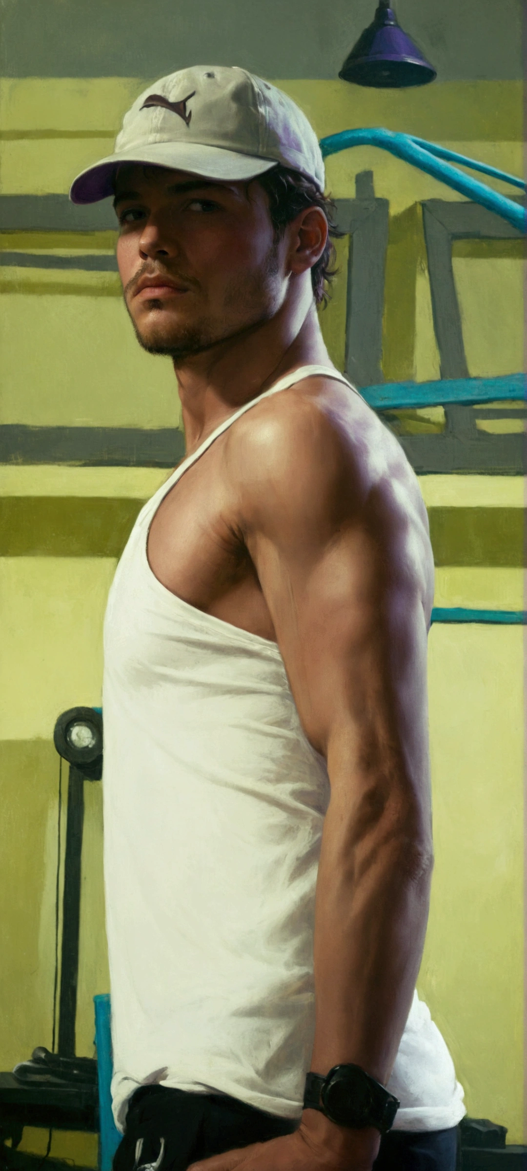 there is a man in a white vest and a peach color hat, shoulders can be seen, bared shoulders, wearing tank top, shoulders, symmetrical shoulders, broad shoulders, fit pic, upper body shot, 23 years old, in good physical shape, side pose, arms to side, full upper body, he is standing in a purple background which is emitting purple light to his skin, aesthetic looks, handsome face, purple background, good facial and body anatomy. Charlie Bowater style painted image. The background is completely covered in purple and a purple light is getting reflected by the man's skin