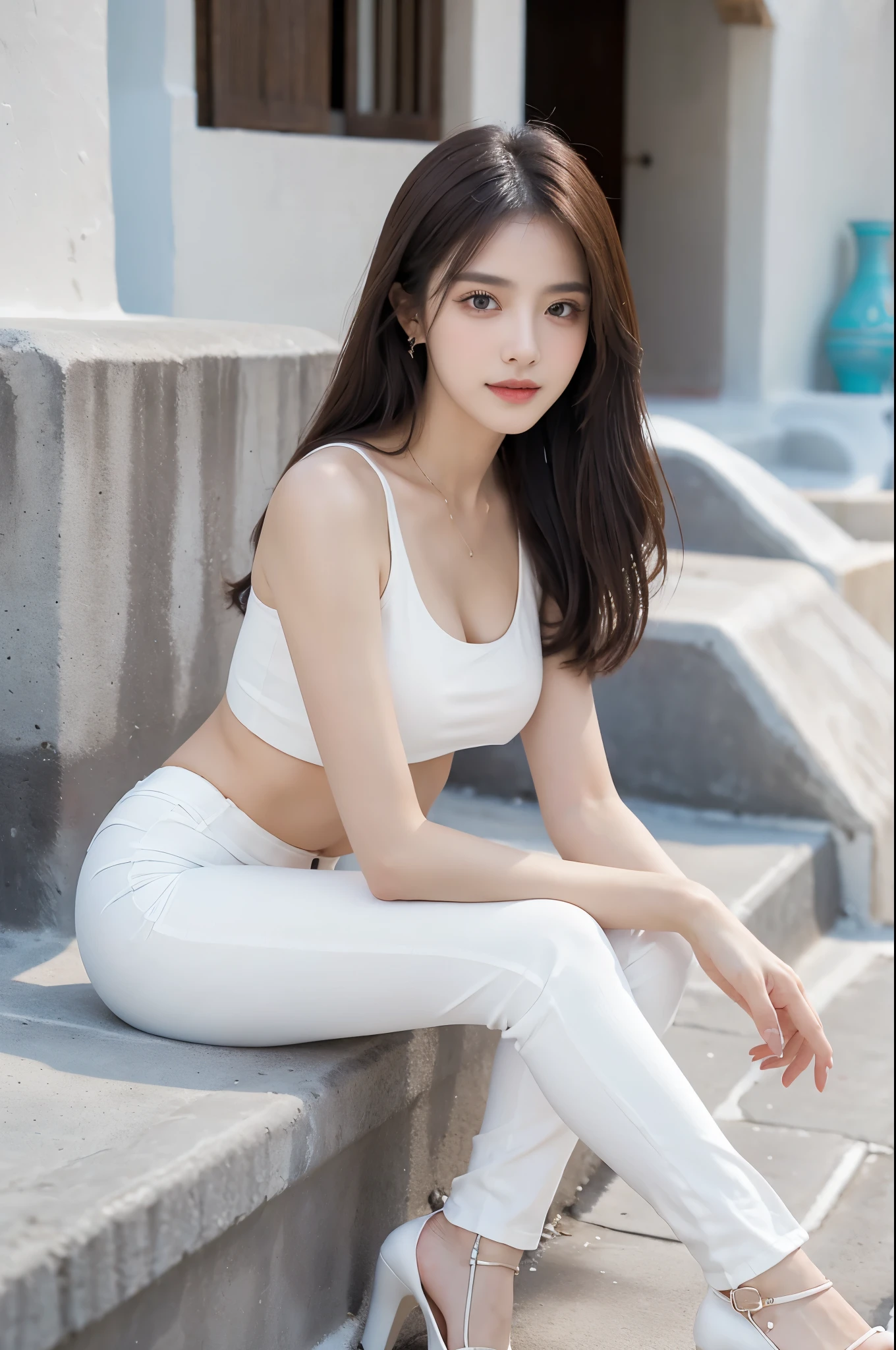 masterpiece, The best quality, Ultra-high resolution, High detail photo, Unity 8K Wallpaper, Extremely detailed CG:1.2), depth of field, bokeh, (RAW photo:1.realistic photography:1.4), (1girl:1.5), young, physically based representation, beautiful, (Finely detailed face:1.4, detailed clothing), (detailed:1.4) named (Eimi Fukada:1.1) BREAK Cara hermosa, depth of field, Add layer, hyperrealistic, 27 years old, perfect body model, perfect breasts, 175cm tall, pose sexy, full body, Whole body, Model Body Type, BREAK (extreme skin details:1.1), skin details, (tight white crop top:1.3), (black denin pants:1.3), (black high heels:1.3), double eyelid BREAK smile, seductive pose, sitting, sitting outside, sitting on the sidewalk, Santorini house, outdoor, Mediterranean style, (santorini:1.3), (close up:0.3), 