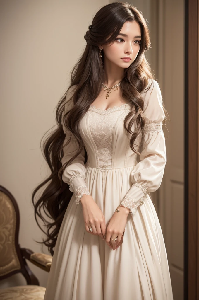 Delilah Description: Delilah is a beautiful woman with long wavy hair, wearing elegant period clothes, with simple jewelry. She has a sly expression and a soft smile.
styled: subtle colors, with a charming and intriguing appearance
