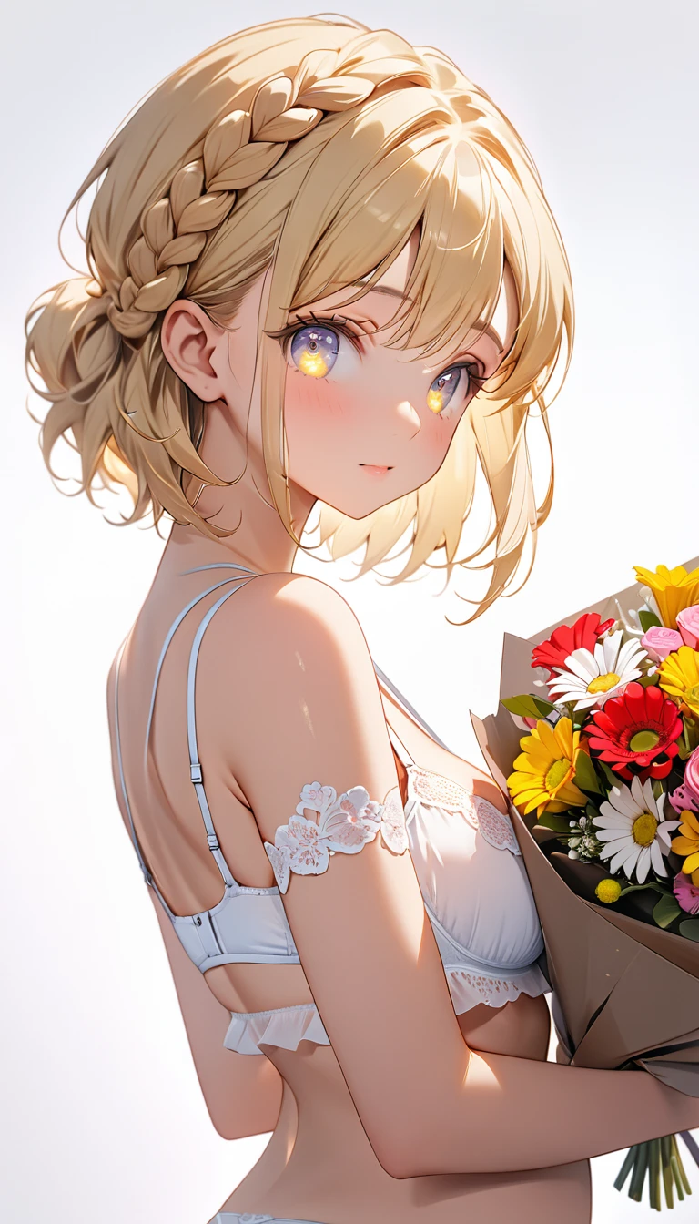 (Best quality, 8k, 32k, Masterpiece, UHD,:1.2),RAW, 1girl,ultra cute , natural lighting,transparent shining eyes, 20yo ,fair complexion, , ((White bra and panties)), (White Background), ((From front)), ass focus, ass Closeup,,simple panties, Hugging bouquet, blonde, medium hair, French braid
