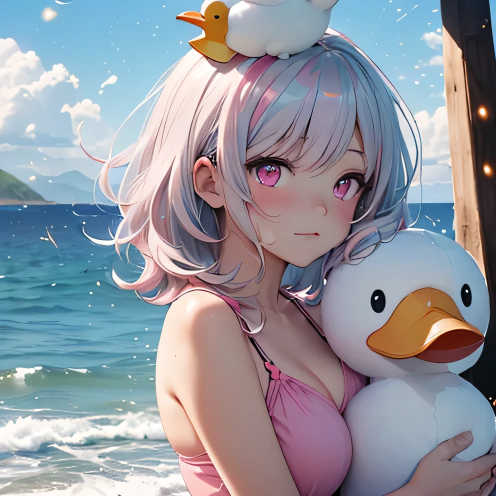 (((Best quality))), (((Ultra detailed))), 1 girl, ((((vivid)))),(((beautiful detailed hair, medium hair, silver pink hair, pink highlights))), (((pink eyes))), raining, viewing from forward:1.4, (blush), swimsuit, ((big stuffed duck on head)), yellow duck feather color, beach, blue sky, sea, ((fireflies, sunshine, particles)), starrystarscloudcolorful