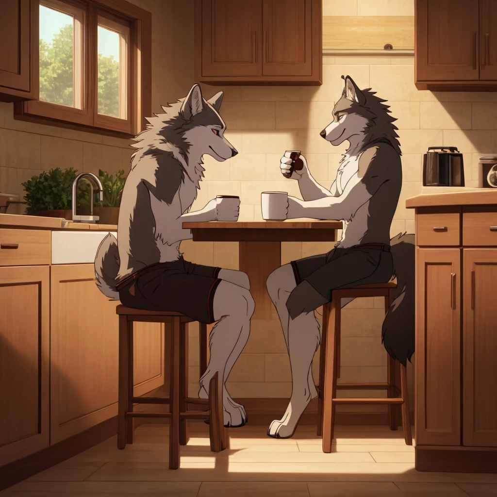 correctly eyes, clotheless, wearing shorts, greywolf with white chest fur, detailed fur, full body, sitting pose, sit on table, shows his paws, 1guy, male, fluffy fur, best quality, masterpiece, detailed, highres, top quality, best quality, kitchen in the background, 1tail, drinking coffee, tired face, looks out of the window, cup of coffee in hand