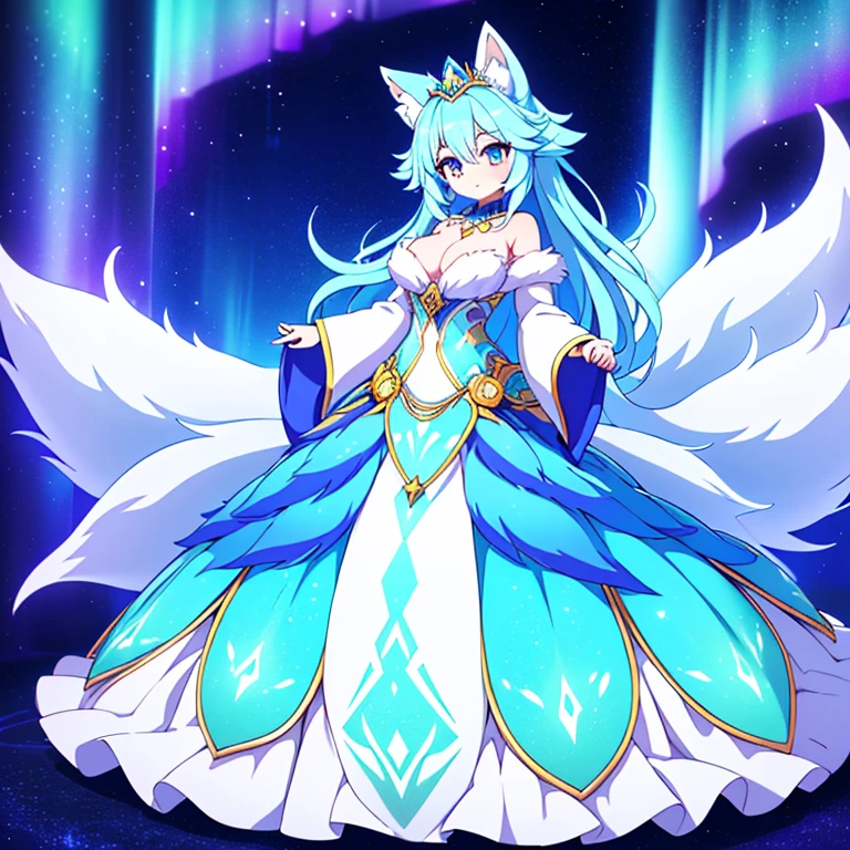 Full body, beautiful eyes , 1 girl  , full body , cute girl , anime style , cute eyes  , (standing up) , (Aurorafur is the evolved form of Glacifur, known as the "Aurora Kitsune." Upon reaching a certain level, Glacifur undergoes a magnificent transformation, its fur turning from icy white to a dazzling gold. The blue markings on its body intensify, resembling intricate aurora patterns that shimmer and dance across its fur. Its nine tails now glow with a radiant light, and its body emits an ethereal, warm aura despite its icy nature. )  (ball gown) , crown , hidden legs ,( princess) , (ballgown covers legs),