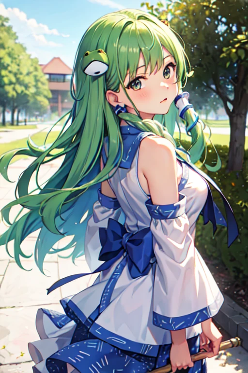 ((best quality)), ((masterpiece)), (detailed), 1girl,、Sanae Kochiya、Embarrassed、Are standing、Green Hair
