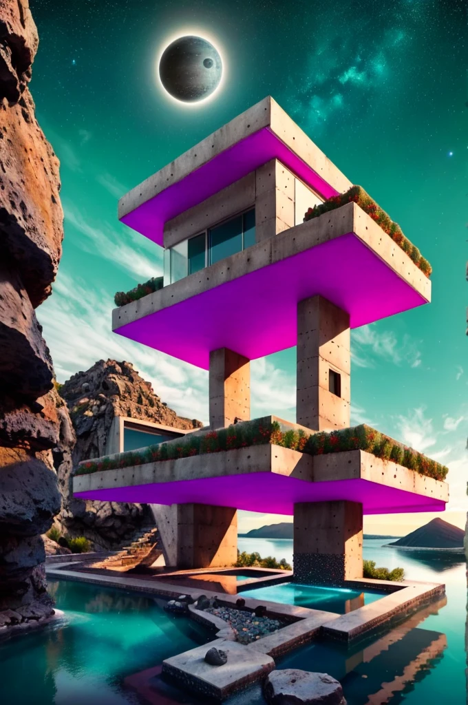 Abstract & Organic Shapes, Texturas, concrete, vidrio, piedras, Grandes rocas, piscina reflectante, (((A small bridge))), en el espacio, luna, jupiter, Organic sculptures in concrete with violet color, espacio exterior, milky way, Meteoritos, vulcano, Small river and lake, Modern, minimalist cottage on the edge, An illustration in collage style, con rocas gigantes, Brutalist construction sections, escalera, cacti, Agave, concrete texture, Multiple geometric shapes, Hatching & Cross Striping, Planeta Saturno, vulcano, luna, Architectural-style construction by Luis Barragán