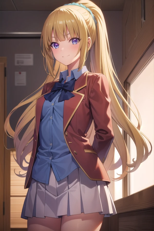 keikaruizawa, kei karuizawa, long hair, bangs, blunt bangs, (purple eyes:1.1), blonde hair, shirt, hair ornament, ponytail, scrunchie, blue scrunchie, smile,
BREAK skirt, shirt, bow, school uniform, jacket, (red jacket:1.2), pleated skirt, bowtie, sweater, (blue bow:1.2), (blue shirt:1.2),
BREAK indoors, classroom,
BREAK looking at viewer, (cowboy shot:1.5),
BREAK (masterpiece:1.2), best quality, high resolution, unity 8k wallpaper, (illustration:0.8), (beautiful detailed eyes:1.6), extremely detailed face, perfect lighting, extremely detailed CG, (perfect hands, perfect anatomy),