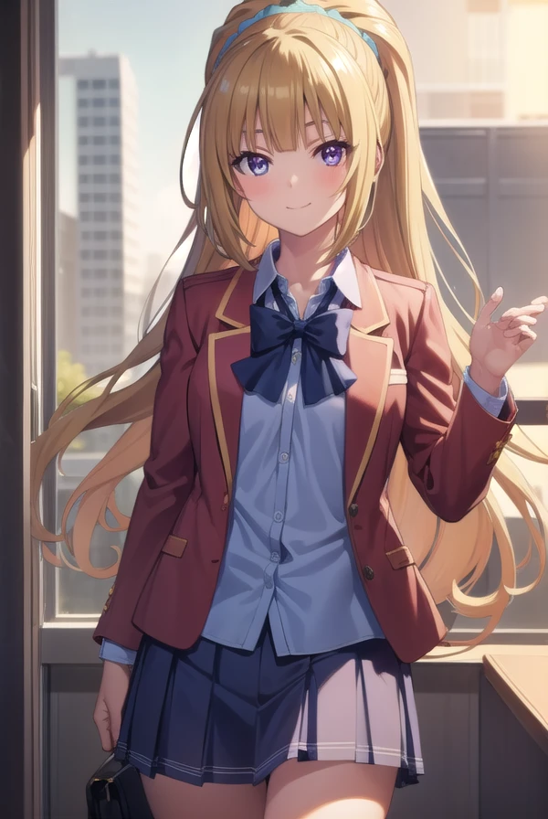 keikaruizawa, kei karuizawa, long hair, bangs, blunt bangs, (purple eyes:1.1), blonde hair, shirt, hair ornament, ponytail, scrunchie, blue scrunchie, smile,
BREAK skirt, shirt, bow, school uniform, jacket, (red jacket:1.2), pleated skirt, bowtie, sweater, (blue bow:1.2), (blue shirt:1.2),
BREAK indoors, classroom,
BREAK looking at viewer, (cowboy shot:1.5),
BREAK (masterpiece:1.2), best quality, high resolution, unity 8k wallpaper, (illustration:0.8), (beautiful detailed eyes:1.6), extremely detailed face, perfect lighting, extremely detailed CG, (perfect hands, perfect anatomy),