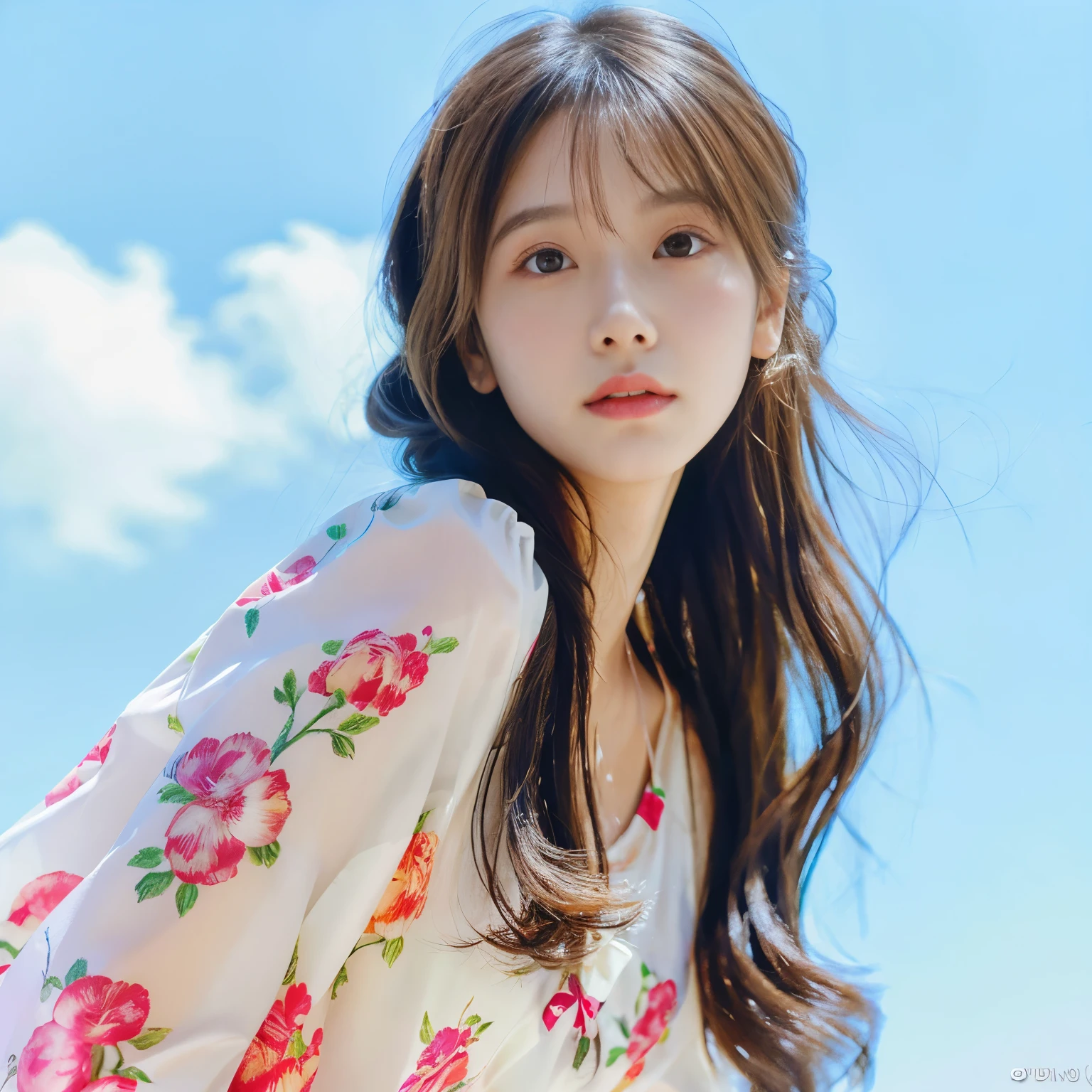 (masterpiece), (best quality), (ultra detailed),(disheed hair),(illustration), (1girl), (Fashionable clothing), standing, Fashion model, looking at viewer, (interview), (simple background), Beautiful detailed eyes, delicate beauty, floating, (high saturation), (colorful splash), colorful bubbles, (shine), focus on the face, ponytail, Ayaka Kamisato, light blue hair, bangs, scrunchies, floating flowers, flowing hair, (shiny), best lighting, best shadows, perfect hands
