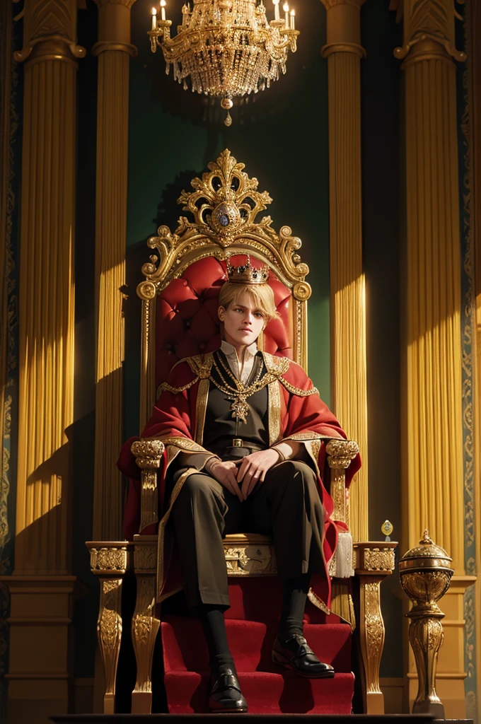 A serious man, the king. Sitting on the throne, In the throne room, with typical royal clothes, A golden crown typical of a king, With green eyes, With wavy, short, blonde hair, Red curtains behind the king's throne, Servants around serving the king, Maids around the scene, Medieval style palace