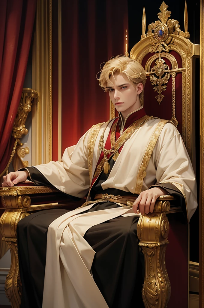 A serious man, the king. Sitting on the throne, In the throne room, with typical royal clothes, A golden crown typical of a king, With green eyes, With wavy, short, blonde hair, Red curtains behind the king's throne, Servants around serving the king, Maids around the scene,  Medieval style palace