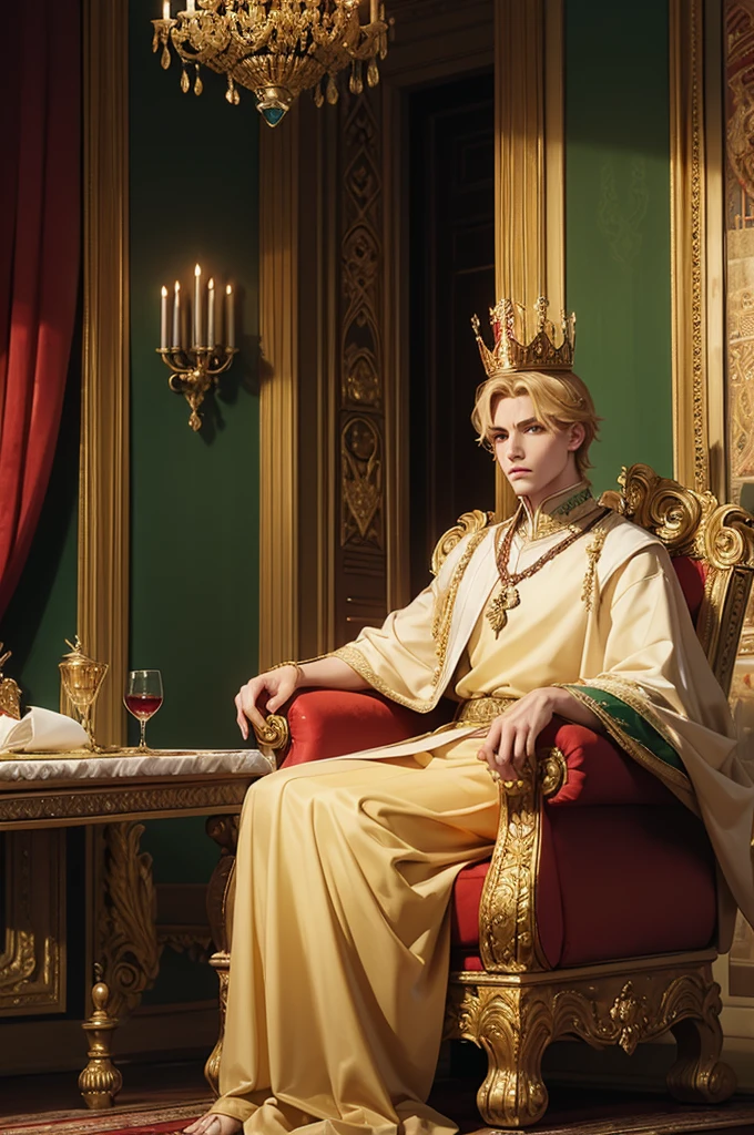 A serious man, the king. Sitting on the throne, In the throne room, with typical royal clothes, A golden crown typical of a king, With green eyes, With wavy, short, blonde hair, Red curtains behind the king's throne, Servants around serving the king, Maids around the scene,  Medieval style palace