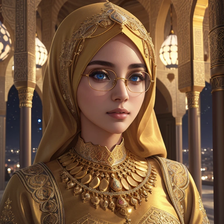 1 woman in a majestic mosque, beautiful detailed eyes, beautiful detailed lips, extremely detailed face and portrait, hijab, glasses, golden jewelry, golden dome of mosque, intricate architecture, warm night sky, soft lighting, photorealistic, 8k, highly detailed, digital art, cinematic, dramatic lighting, vibrant colors, portrait, arabic, middle eastern