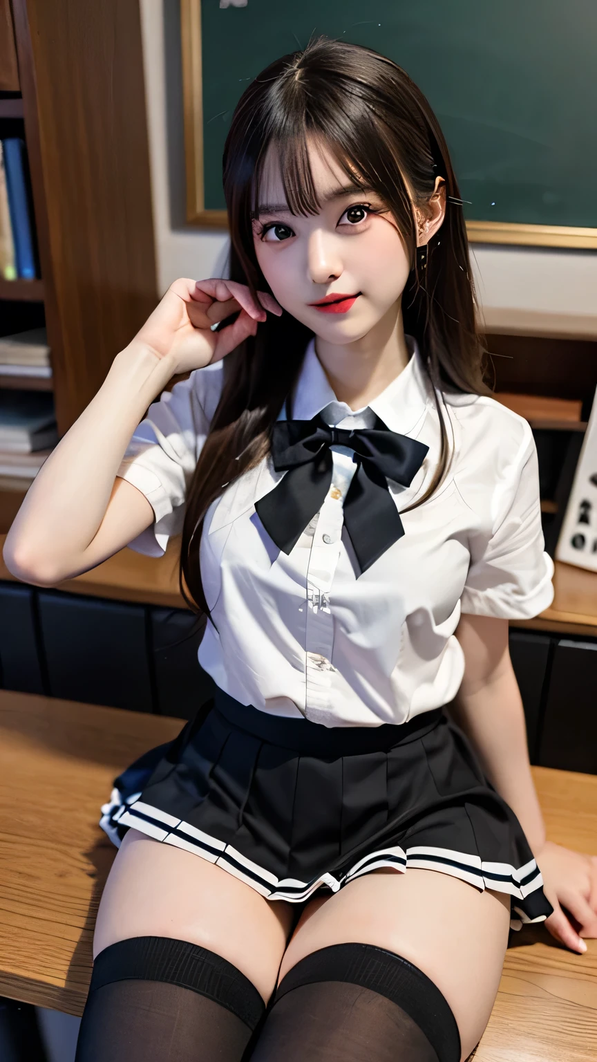 Tabletop, Highest quality, figure, Very detailed, In detail, High resolution, 8k wallpaper, Cute high school girl like an idol、High school uniforms, beautiful details,Pleated mini skirt,Black knee-high socks、Sit at a desk、Spread the crotch、Plump thighs