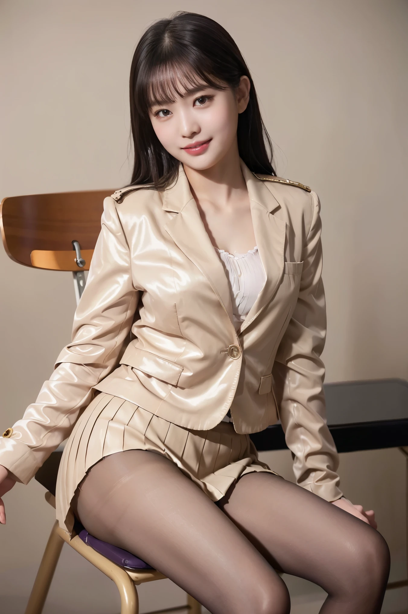 (8k), (highest quality: 1.2), (Realistic), (Realistic: 1.37), Ultra-high resolution, 1 girl, cute, Shiny skin,Blushing,smile, Mouth closed, Beautiful details, Beautiful Nose, whole body, Wet Hair, Giant Dulcefo, pork,Navel exposed,(University Student Uniform:1.5),(A simple blazer:1.5),(Pleated skirt:1.5),Sit on a chair, (shiny light beige pantyhose:1.2),(脚を閉じて:1.5)