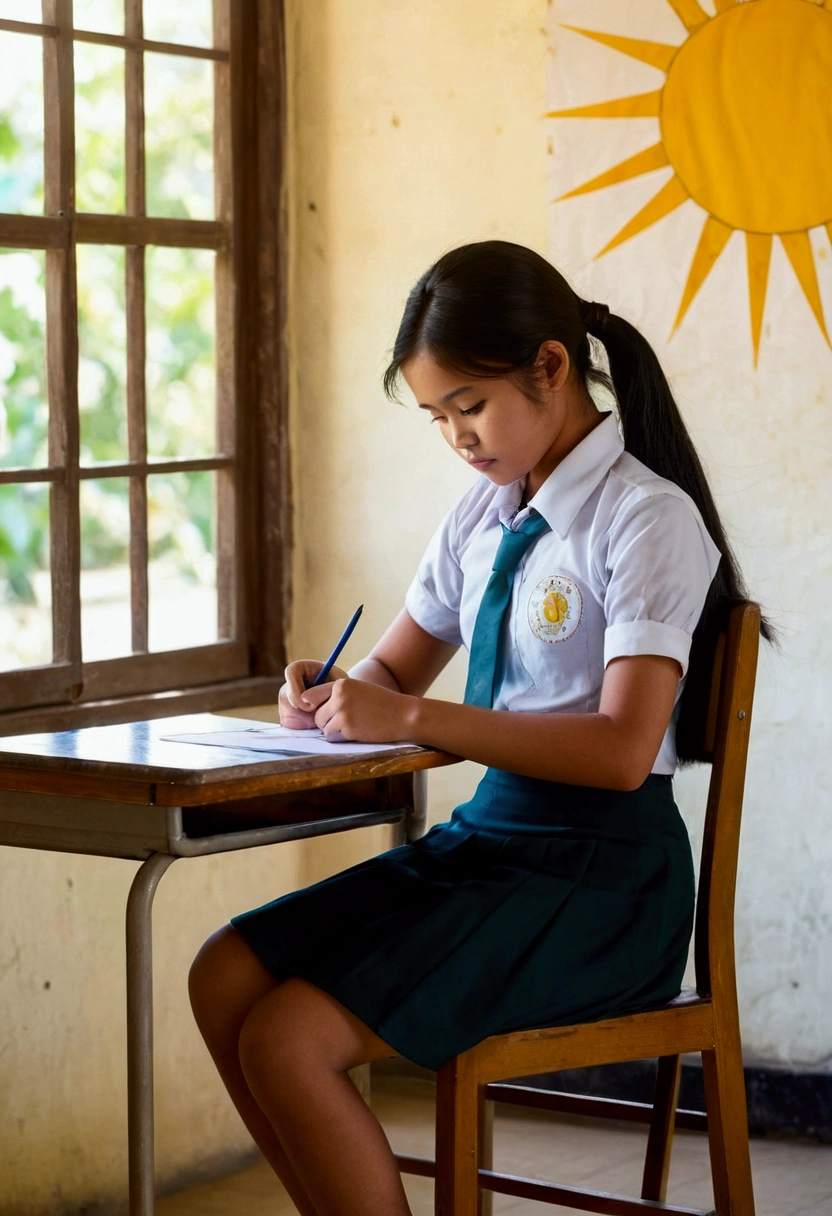 Beside view. Sexy Burmese school girl. 18 years old. cutest face and body. sexy body. sexy Myanmar school girl. sitting on the chair and writing a letter on the table in the classroom. looks at the latter. her hands are hanging a pen. all body parts view. longer hair. black hair. the sun is shining crossing the window beside. detail texture. realistic vision. natural photo.