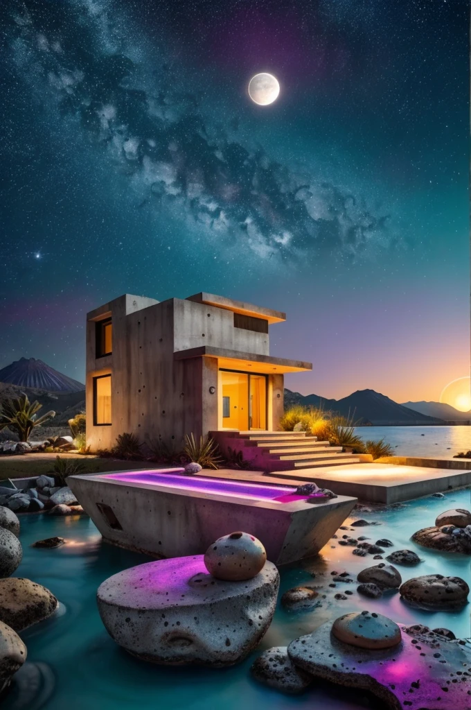 Abstract & Organic Shapes, Texturas, concrete, vidrio, piedras, Grandes rocas, piscina reflectante, (((A small bridge))), en el espacio, luna, jupiter, Organic sculptures in concrete with violet color, espacio exterior, milky way, Meteoritos, vulcano, Small river and lake, Modern, minimalist cottage on the edge, An illustration in collage style, con rocas gigantes, Brutalist construction sections, escalera, cacti, Agave, concrete texture, Multiple geometric shapes, Hatching & Cross Striping, Planeta Saturno, vulcano, luna, Architectural-style construction by Luis Barragán