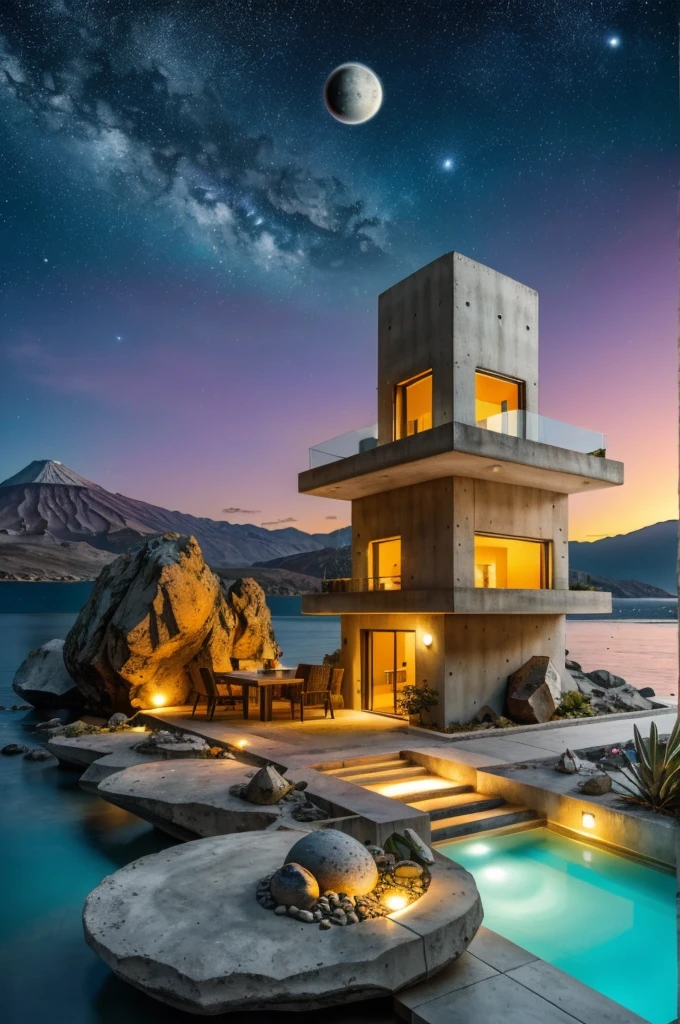 Abstract & Organic Shapes, Texturas, concrete, vidrio, piedras, Grandes rocas, piscina reflectante, (((A small bridge))), en el espacio, luna, jupiter, Organic sculptures in concrete with violet color, espacio exterior, milky way, Meteoritos, vulcano, Small river and lake, Modern, minimalist cottage on the edge, An illustration in collage style, con rocas gigantes, Brutalist construction sections, escalera, cacti, Agave, concrete texture, Multiple geometric shapes, Hatching & Cross Striping, Planeta Saturno, vulcano, luna, Architectural-style construction by Luis Barragán