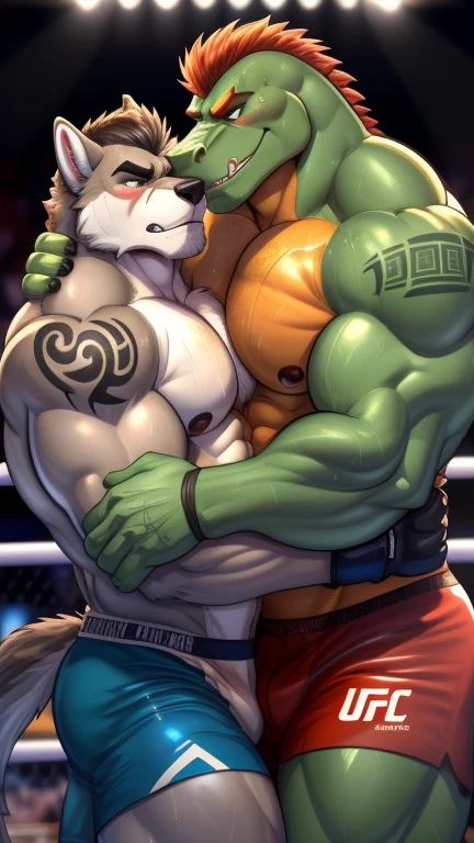 Duo male(Green Gator vs Gray Wolf, handsomes, handsome hairstyle, tails, Thick eyebrows, detailed face), gay(Clinch embraced, Body with body, cuddling shoulders, on a UFC match), hot(Shirtless), handsomes(They are handsomes, correct anatomy), musculosos(Big muscle bodies, Six packs, muscle abs, big pecs, muscle backs, muscle legs), sweaty(very sweaty wet bodies, shiny sweat), tatuajes(they have tattoos), grumpy(Both have an grumpy expression, grumpy teeths, steaming breath), UFC gloves(They both are wearing UFC gloves), UFC boxers(they both are wearing ufc boxers), Hight resolution, by(Zourik:1.1)