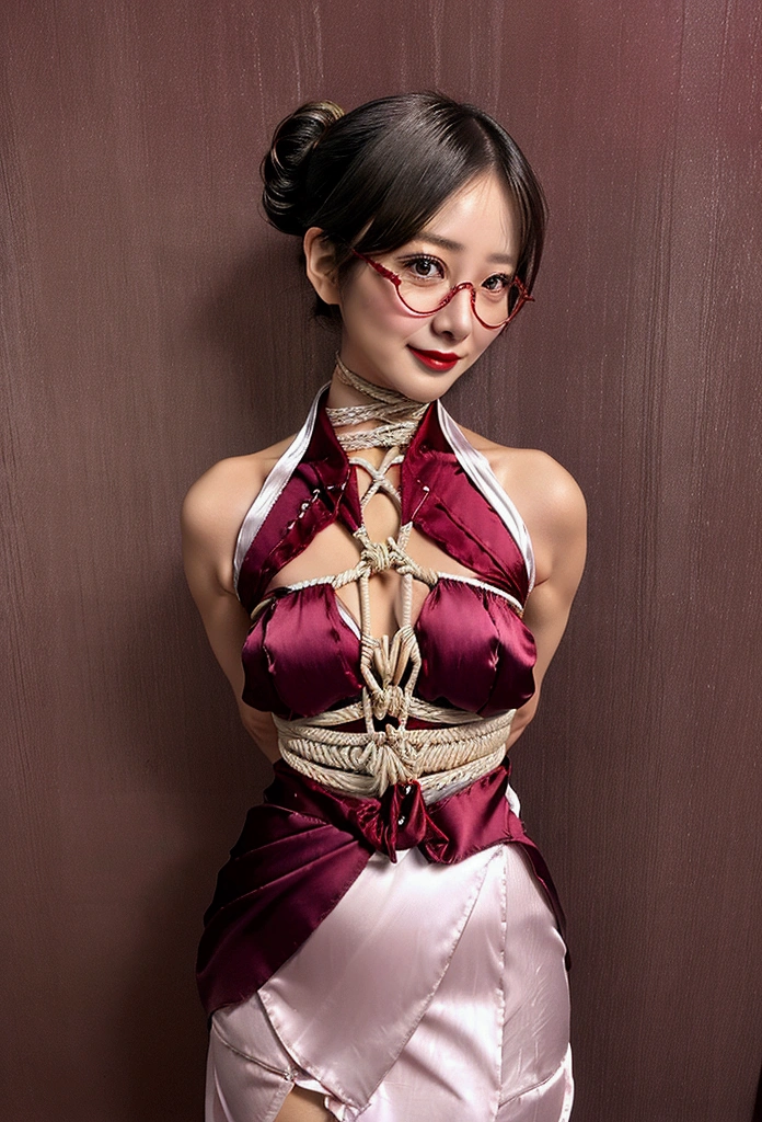 (masterpiece,highest quality,超A high resolution),prety indonesia woman (((Very beautiful 35 year old girl))),(shibari, tied with satin fabric,arms behind back:1.4), (hands on back),long pony tail hair, pretty woman, a woman in the red mermaid long train skirt,the skirt is very long, full body, wear sexy blazer, wear sexy blouse, wear glasses,long satin, flowy dramatic long skirt,body height 165, random pose, in office room,wear high heels,  masterpice  (Shiny long train dress mermaid-style long skirt 