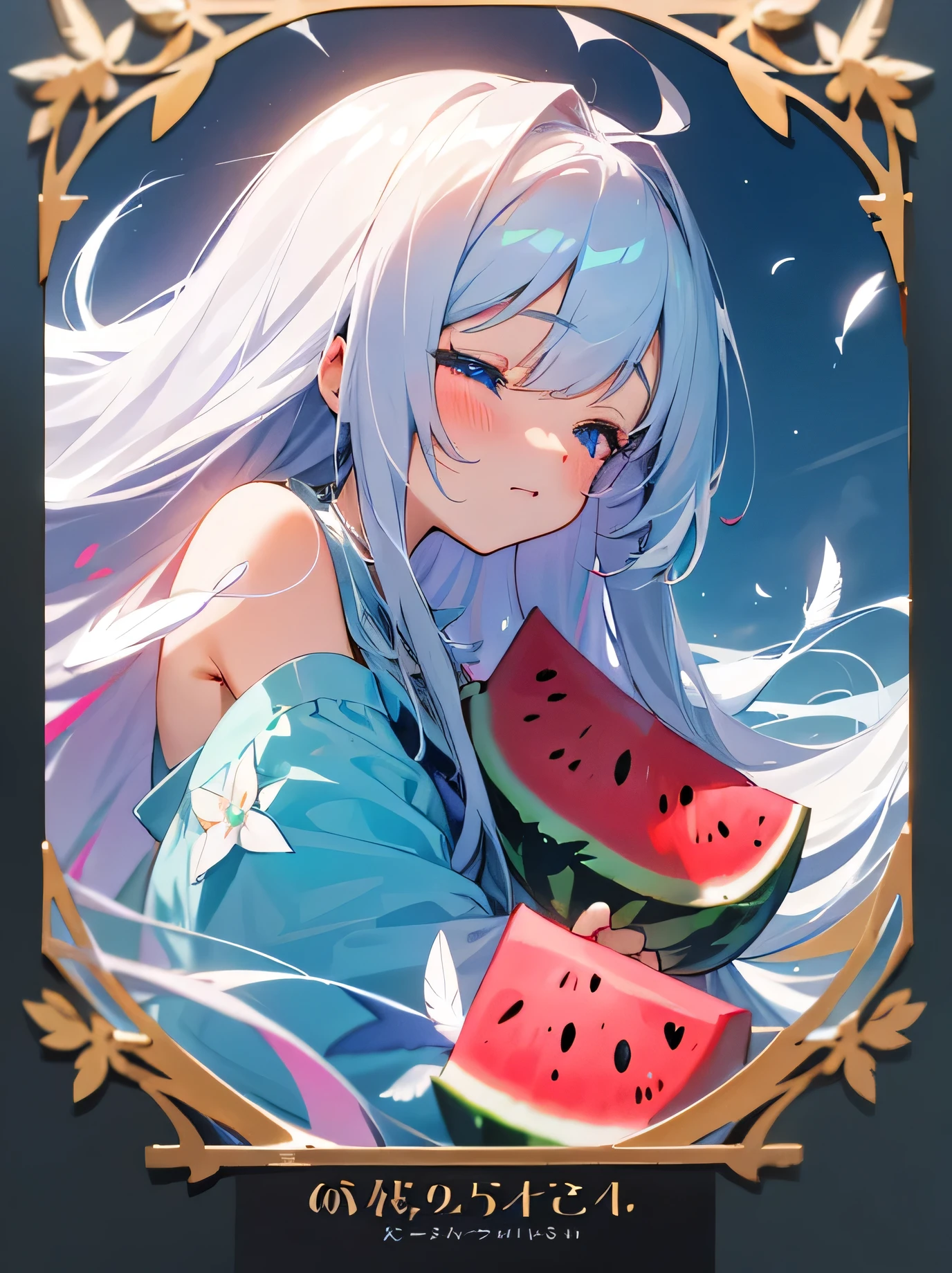 kawaii, anime, Cute, hyper quality, highly detailed, 8k, Clarity, Draw facial expressions in detail, A girl with long silver hair winks, mysterious, swimsuit, highlight on eyes, watermelon, Sleeping, Feathers dance, The wind passes through, Flowers waving in the wind, light pours from heaven, aerial view, Uplifting, eye color is blue, upward glance, 	