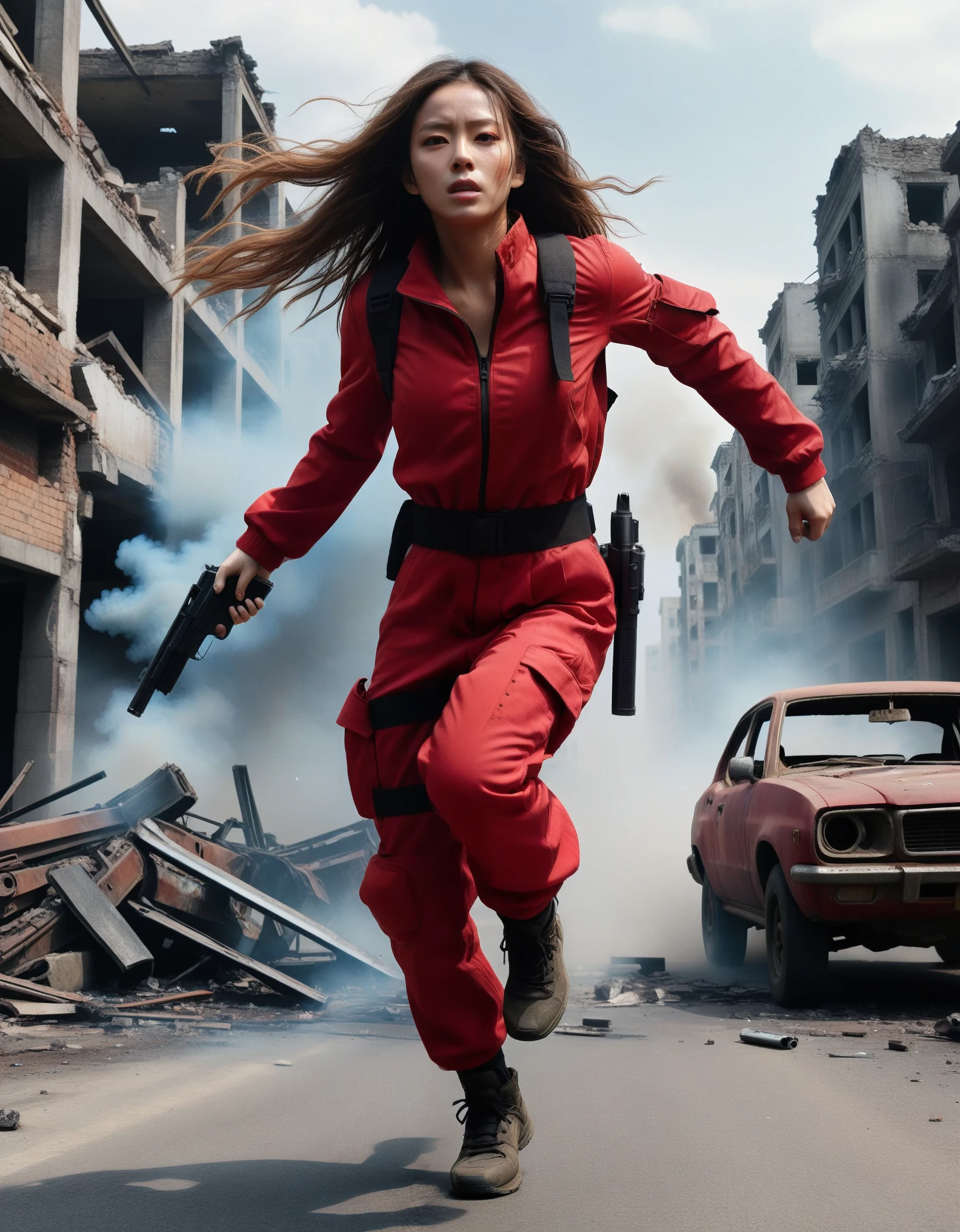 One Woman、Wearing a red combat suit、He has a gun、high resolution、high quality、Elaborate human body structure、Long Hair、Running through a ruined city with his back to the viewer、Smoke coming out of a broken car。