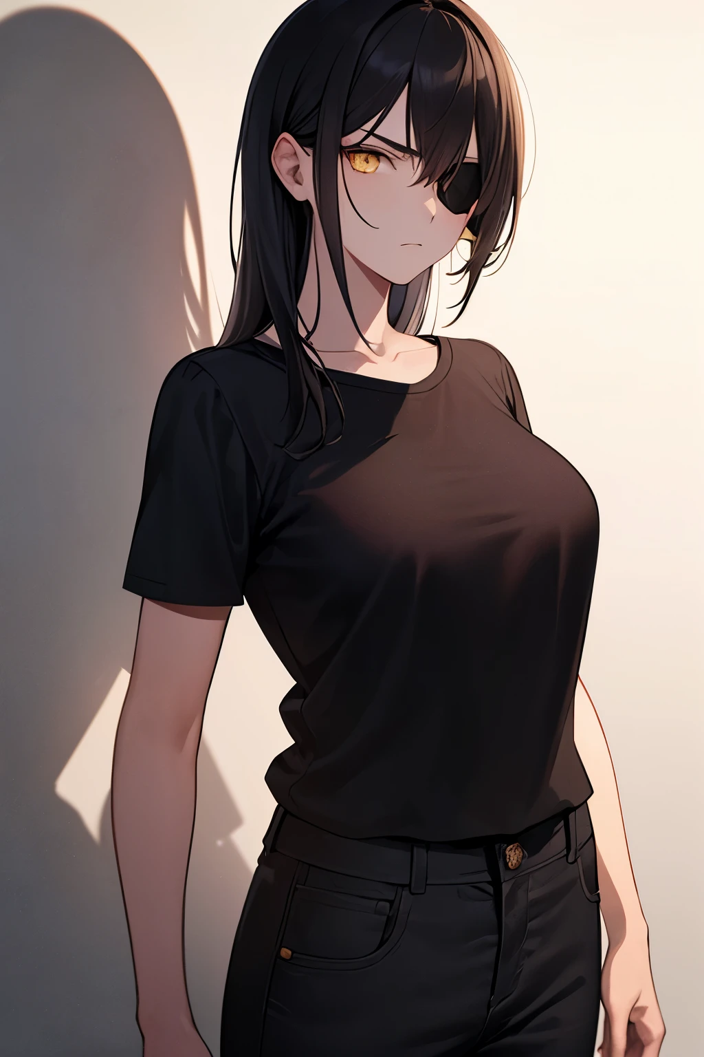(artwork), (best quality), (ultra-detailed), (best illustration), (best shadow), (mature woman), Adult woman, eye patch, long black hair, yellow eyes, black shirt, serious face