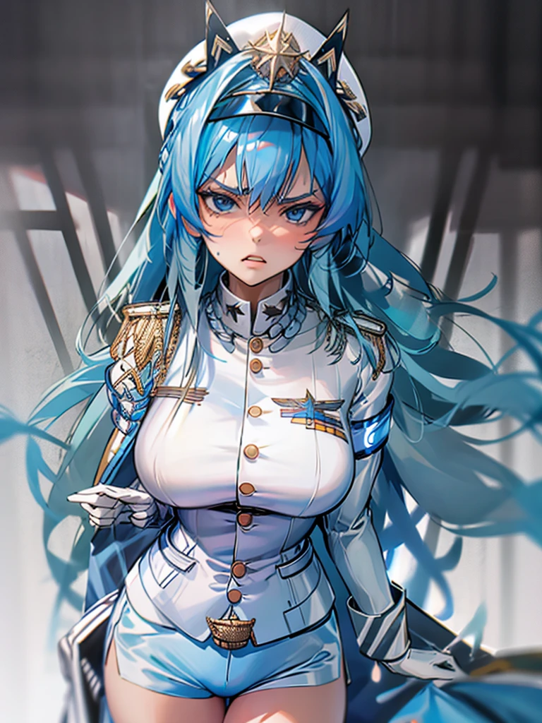 With a disgusted look on her face, she shows off her light blue underwear and light blue bra.