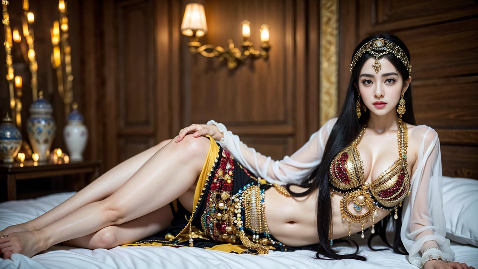 exotic atmosphere, full of passion, best quality, Hijabi beautiful details, charming face, dilraba dilmurat, long eyelashes, loose clothes torn, chest ons open, Detailed details, Colossal, With chest, beads of sweat on chest, beautiful small breaone on the bed, crying eyes looking at the camera, taking full body photos with her skirt up