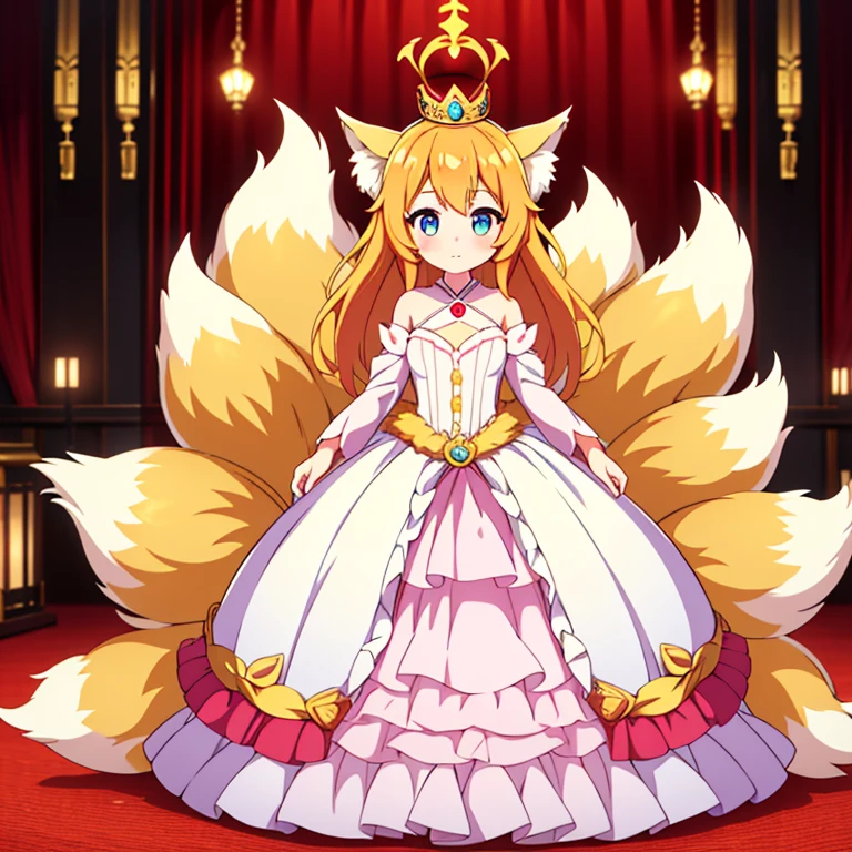 Full body, beautiful eyes , 1 girl  , full body , cute girl , anime style , cute eyes  , (standing up) , (Nine tailed kitsune )  (ball gown) , crown , hidden legs ,( princess) , (ballgown covers legs), (Golden fur) , (Blue markings)
