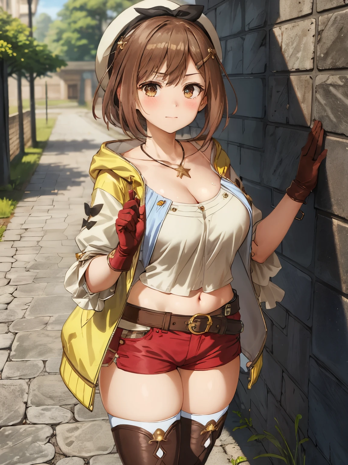 riser, 1 girl, alone, ((blush:1.2)), Shorts, gloves, Belt bag, have, Head Ribbon, jewelry, red shorts, Brown Hair, Thighs Thighs Thighs, short Shorts, Bridal Legwear, necklace, Brown eyes, One-handed gloves, hair ornaments, Valletta, star necklace, Closed-toe footwear, leather, star (symbol), White Hat, Brown gloves, Knee-high boots, short hair, Thighs Thighs Thighs, leather Belt, Tea belt, leather gloves, Jacket, Blue Belt, belly button, Thigh-high boots, Sleeveless Jacket, Thigh pouch, White thighs, clavicle, Jacket, Brown shoes, Cleavage, Huge breasts, Big Breasts, Outdoor, Visible even from the top of clothes, standing, 