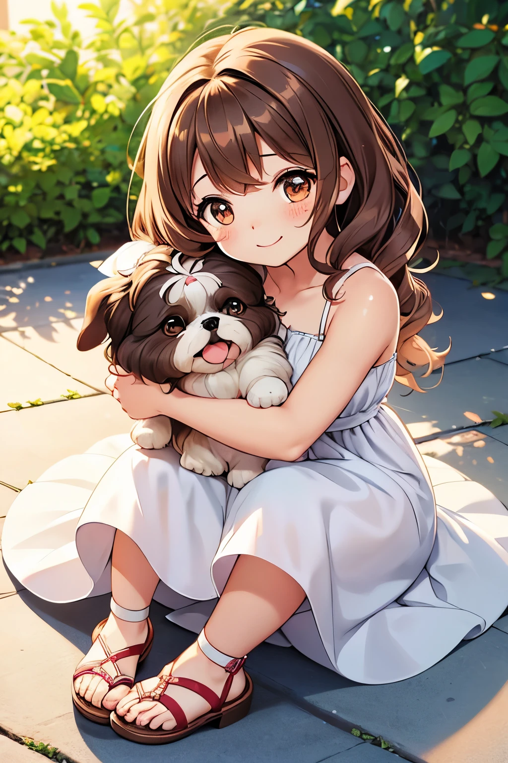 chibi pretty girl , full body , big anime hazel eyes , brunette curlier and wavy hair , white summer dress with straps , pretty sandals , blush face , sitting on the floor hugging an original SHIH TZU dog, smiling face , cute freckles