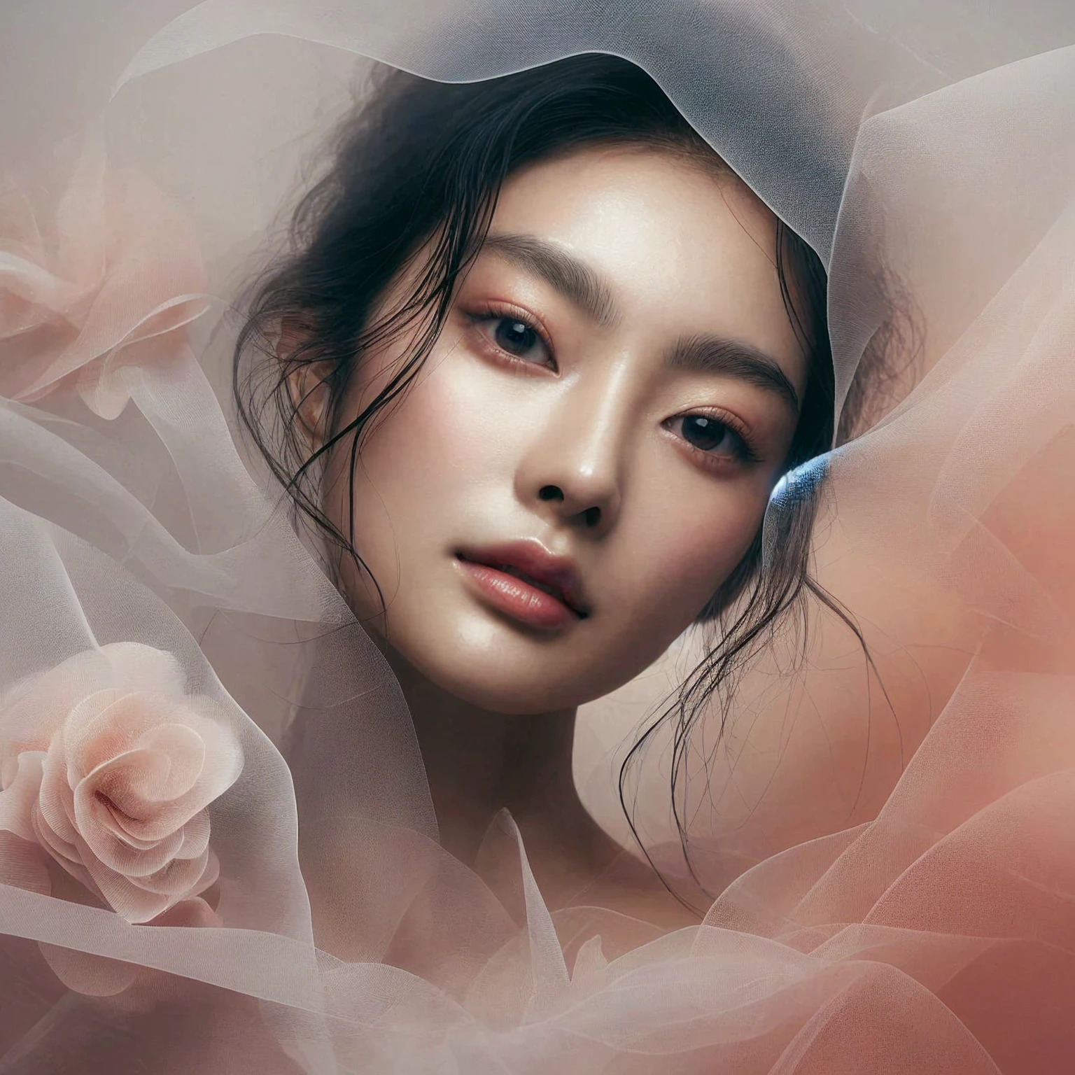 Portrait, Beautiful Korea woman, natural beauty face of Korea girl, elegant, dazzling, romantic. floating organza, steaming chiffon, studio lighting, space, Complicated, Sharp Focus, Concept Art, Artstation, Digital painting, Highly detailed, Concept art, Pastel coral white, Pastel white, Pastel blue, Pastel white, Scifi, Futuristic, white Hyperrealism, high quality, high detail, ultra detail.high isolation.ultraHD