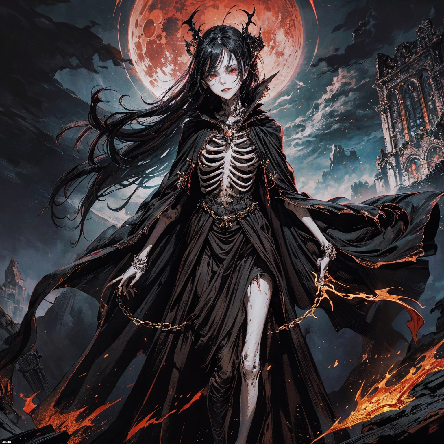 best quality, 4K, high resolution, masterpiece, Very detailed, Mood lighting, A black hair undead girl in a long cape, Whole body including hands & arms & legs & feet are all skeleton bones but except the head is still beautiful human face, Wearing a ragged gothic skirt, casting dark magic spells, skulls and ghosts flying around, Aloofness emotion, Dangerous sneer, Back to the camera flying dancing, Crucified, Pitch black sky, Blood-red moon, strange atmosphere, Gothic style, Unforgettable beauty, Dramatic shadows, Ethereal Light, Mysterious atmosphere