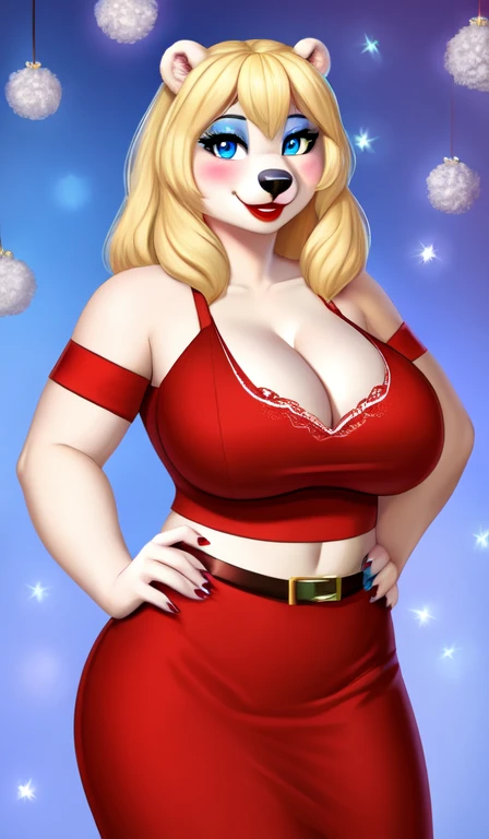 Blonde polar bear woman, wearing a Santa dress, perfect face, blue eyes, blue eyeshadow, big breasts, cleavage, three-quarter view, solo, smile, perfect detailed body, red lipstick, midriff, hands on hips, blushing