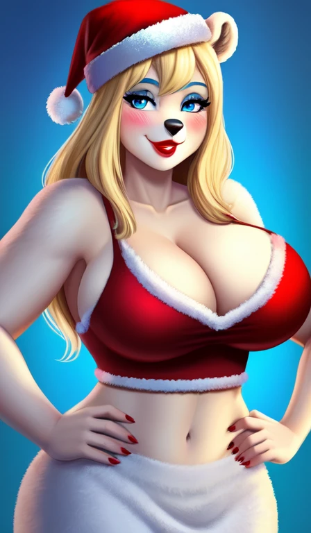 Blonde polar bear woman, wearing a Santa dress, perfect face, blue eyes, blue eyeshadow, big breasts, cleavage, three-quarter view, solo, smile, perfect detailed body, red lipstick, midriff, hands on hips, blushing