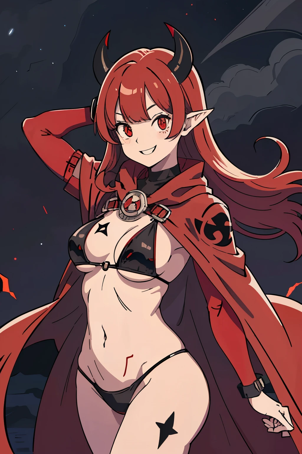 best quality, masterpiece, 1 girl, devil girl, smiling, (red colored skin:1.2), (bright red eyes:1.3), (black devil horns:1.4), long hair with bangs, tattooed body, black and red bikini with cloak, (flying in the night sky:1.5), (medium breast, under boobs:1.2)