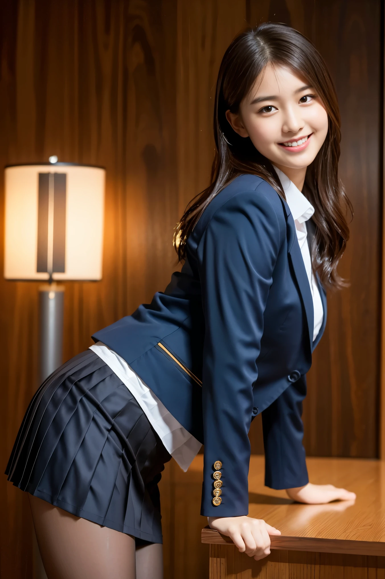 (8k), (highest quality: 1.2), (Realistic), (Realistic: 1.37), Ultra-high resolution, 1 girl, cute, smile, Mouth closed, Beautiful details, Beautiful Nose, whole body, Wet silky Hair, Thighs,Navel exposed,University Student Uniform,A simple blazer,Pleated skirt,Are standing, natural sexy pantyhose,(low angle:1.5), from side 