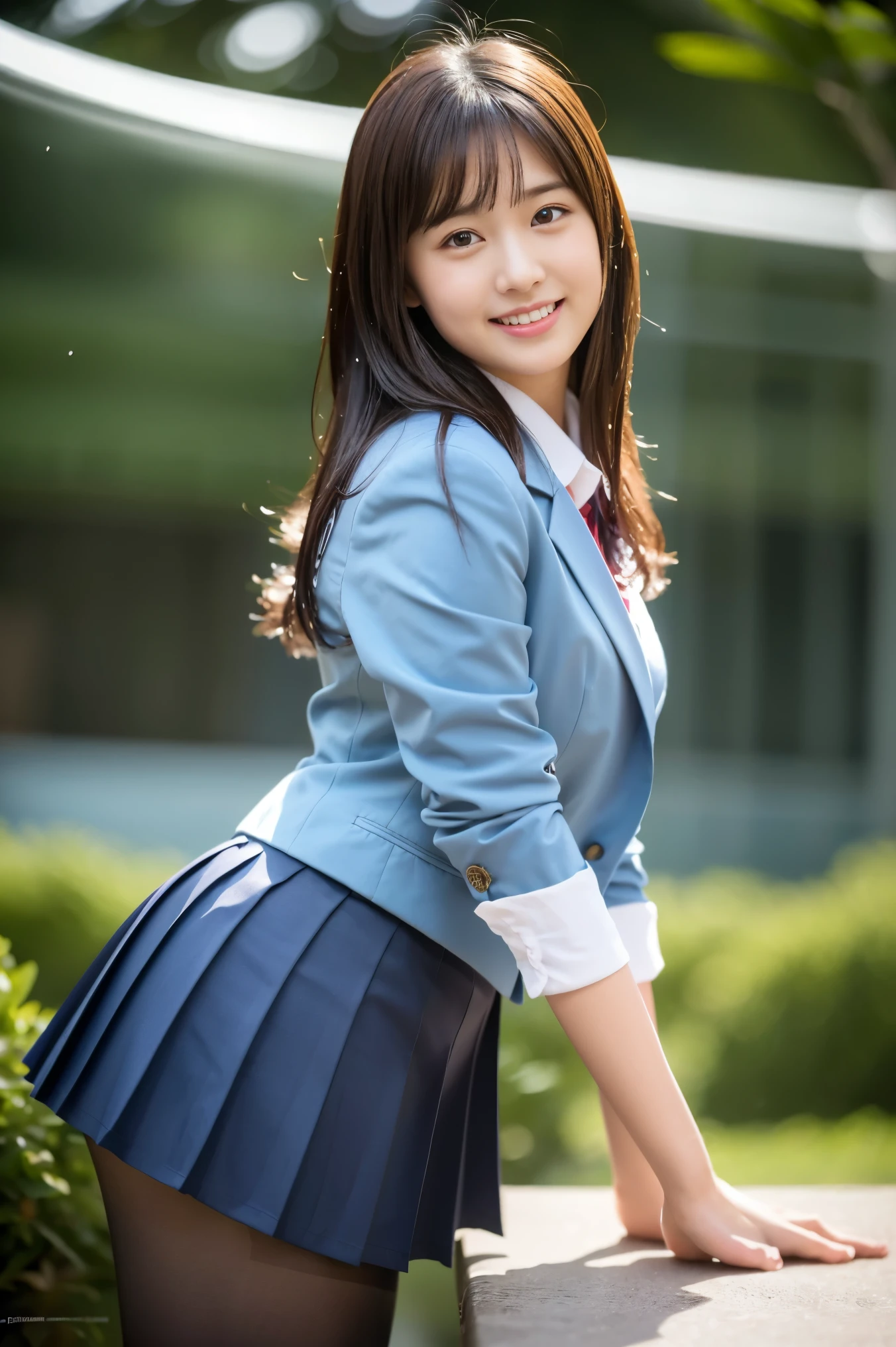 (8k), (highest quality: 1.2), (Realistic), (Realistic: 1.37), Ultra-high resolution, 1 girl, cute, smile, Mouth closed, Beautiful details, Beautiful Nose, whole body, Wet silky Hair, Thighs,Navel exposed,University Student Uniform,A simple blazer,Pleated skirt,Are standing, natural sexy pantyhose,(low angle:1.5), from side