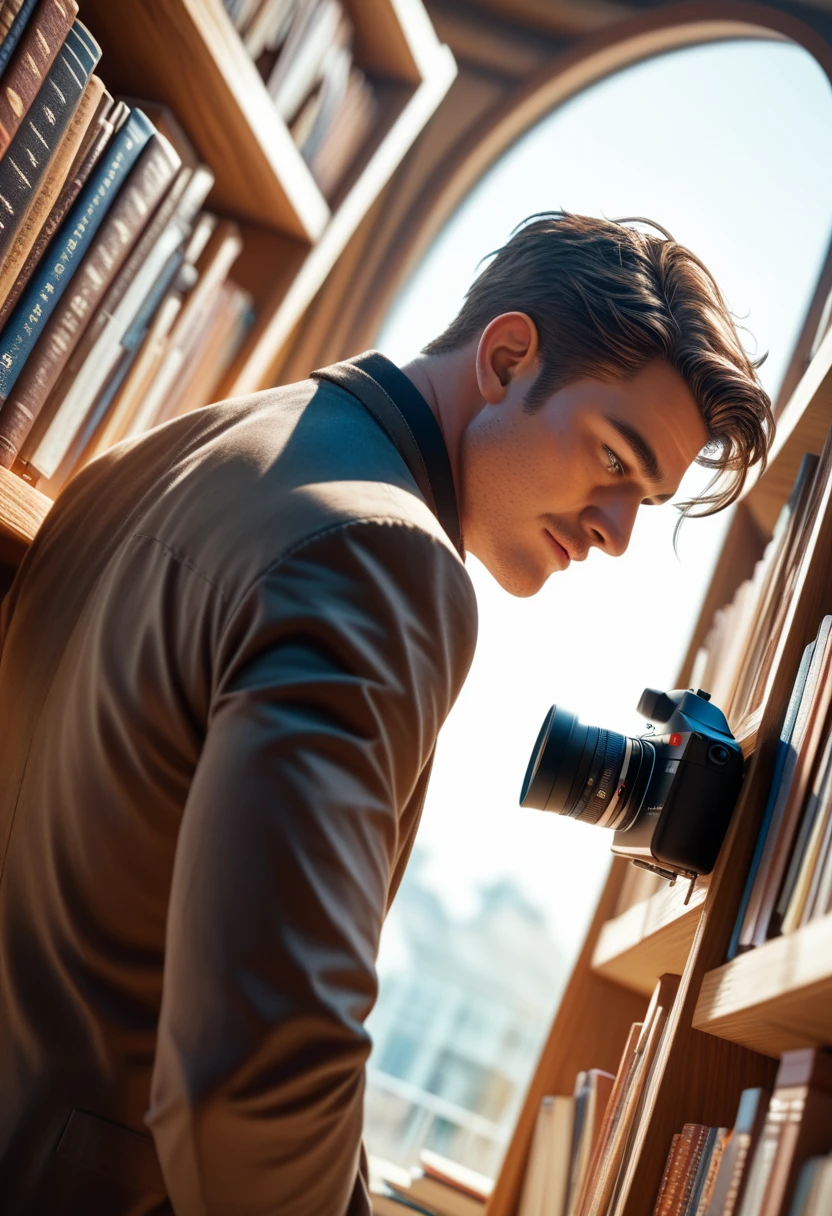 ((High Resolution)) ((white male)) ((35yrs. old)) ((dark brown hair)) ((Librarian)) falling into a portal surrounded by repeating duplicates of bookshelves and isles in a library endless in number as he is falling towards the time portal. Wearing a watch with a glowing face. ((camera angle from behind looking down at his backside.))
