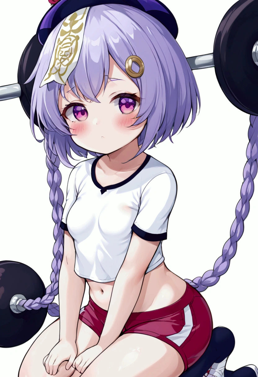 shiny skin, (lifting shirt), black panty, white t-shirt, unclothed, purple hair, rose eyes, short hair, naked, white background, smoll stature, flat cheast, flat tits, show pussy, unclothed. medium thighs, small breasts, 1 girl, one girl, small stomach, curvy waist, round butt, small belly, clear skin, 1 girl, cute girl, smoll tits, red shorts, show pussy, gym clothes, sitting, curvy waist, good butt, one girl, 1 girl, 1 girl